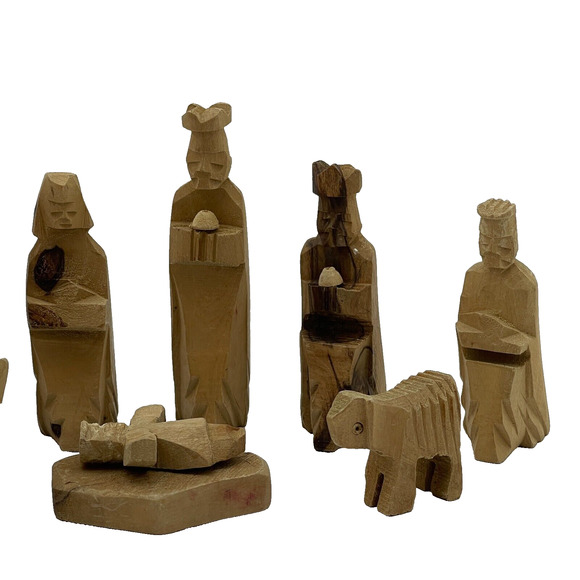 VTG Hand Carved Bethlehem Olive Wood Christmas Holy Nativity Set of 11 - Picture 3 of 11